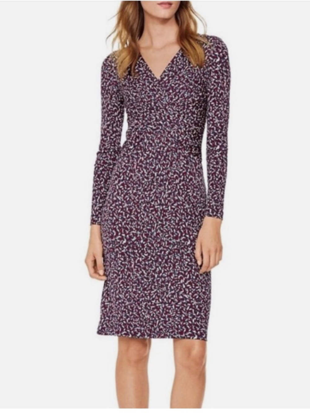 Tory Burch Navy Blue Burgundy Silk Jersey Interlocking Twist Long Sleeve Dress L